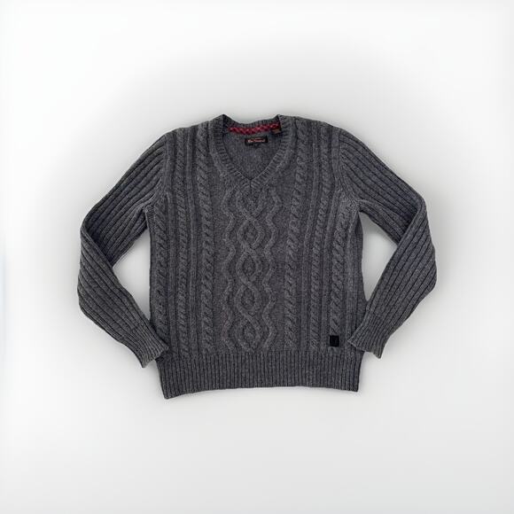 Ben Sherman Jumper Mens Medium 80% Wool Aran Cable Knit Fisherman Gray Sweater - Picture 1 of 8
